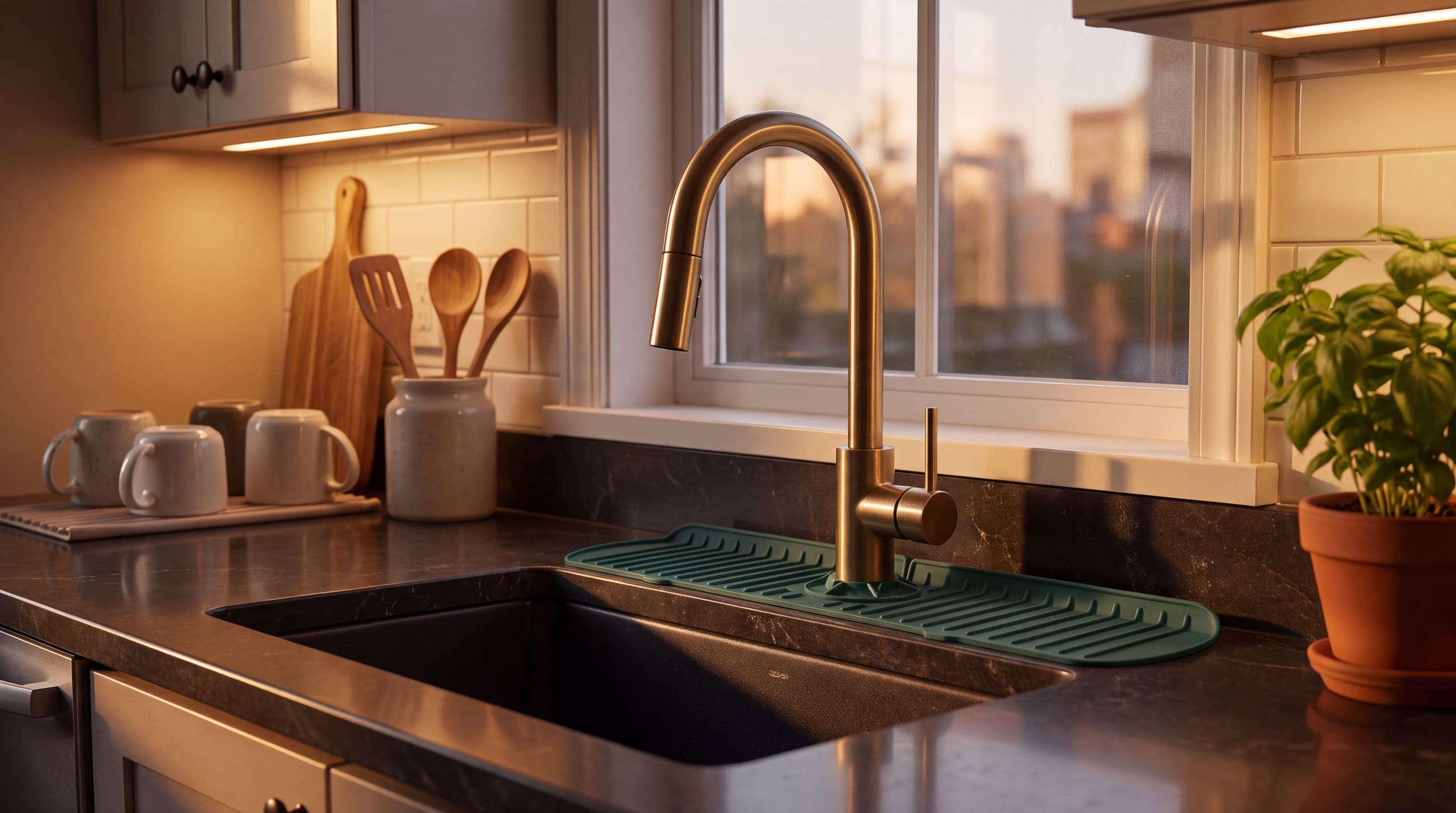 Silicone splash guard mat fitted around the base of a kitchen faucet