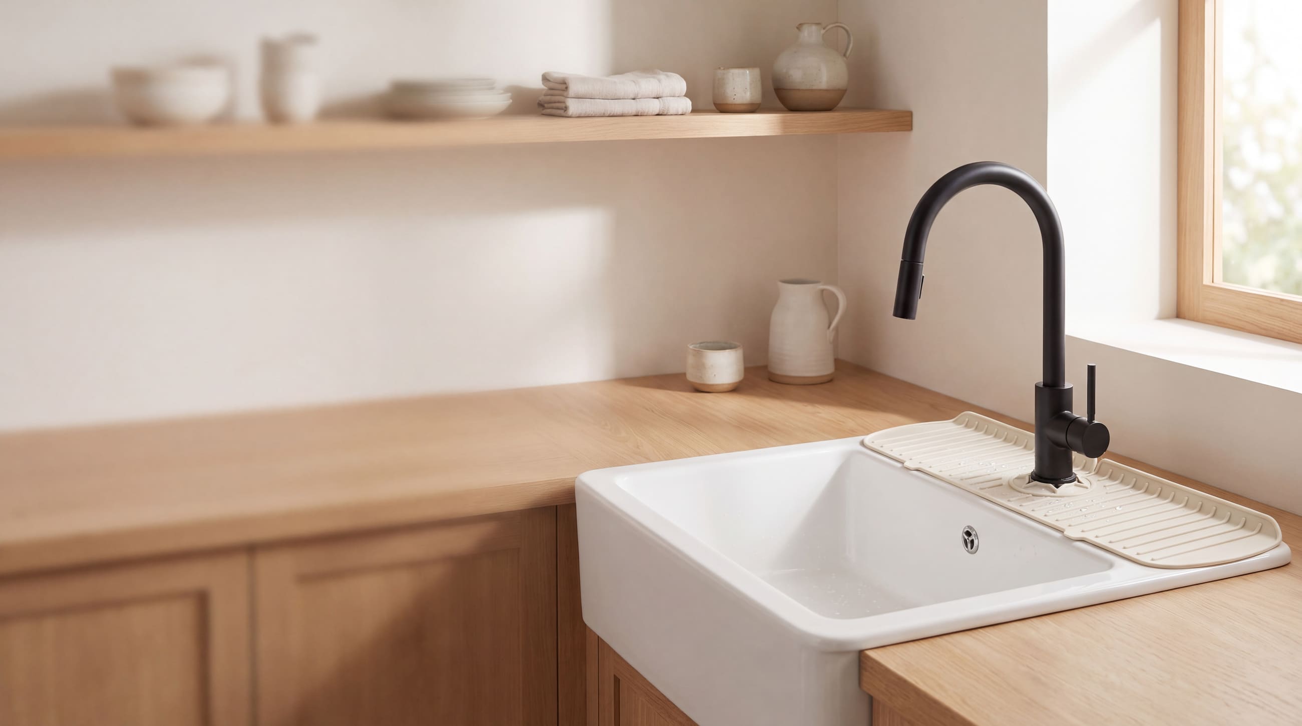 Silicone splash guard mat fitted around the base of a kitchen faucet